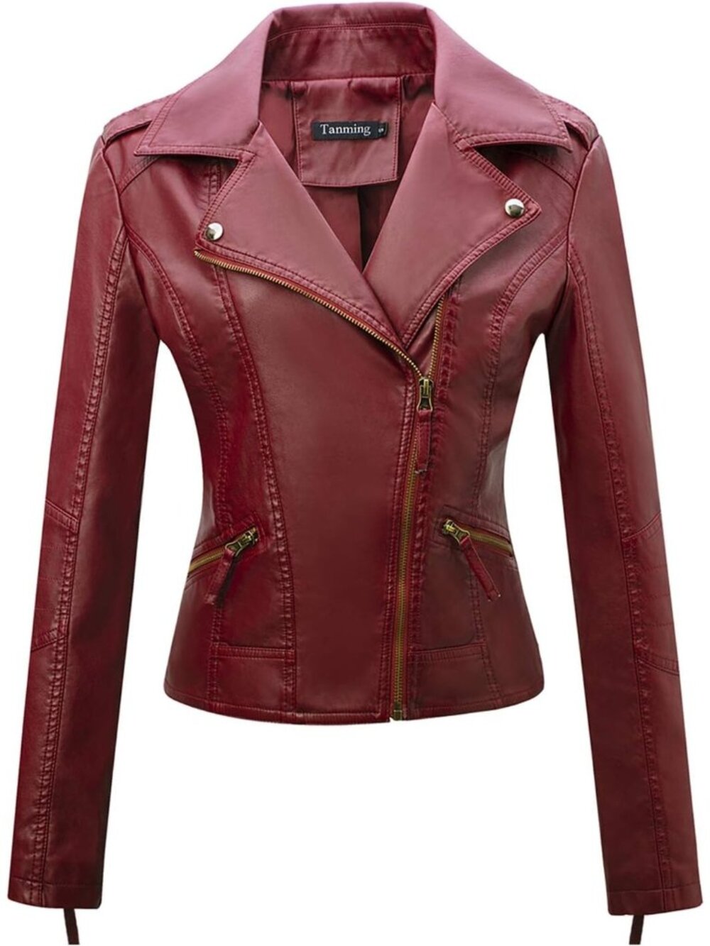 Women Wine Red Faux Leather Moto Biker Jacket Slim Fit Zip Up Casual Short Coat